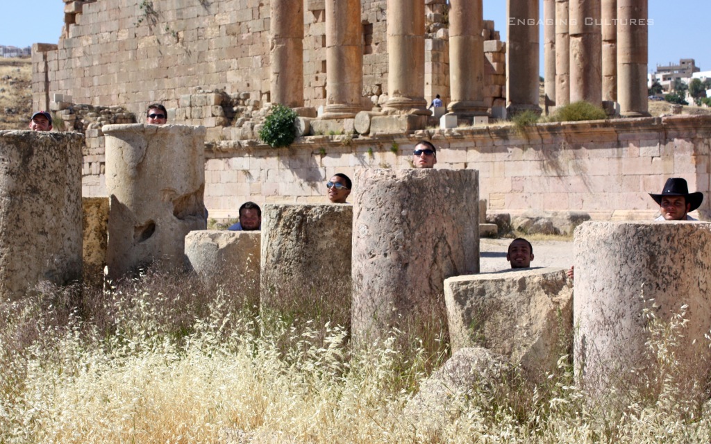 Tourist near Roman Columns at Jerash Jordan